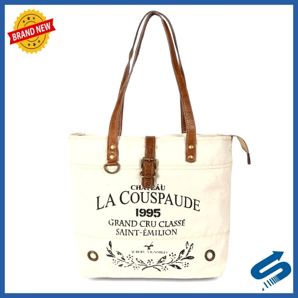 Large Canvas Tote Shoulder Bag Boho Handbag Upcycled Leather Retro Chic